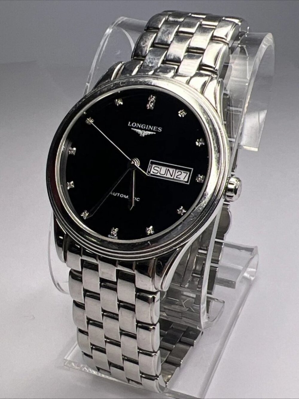 Longines Flagship L4.899.4 Automatic Day Date Watch Black Dial Diamond Markers